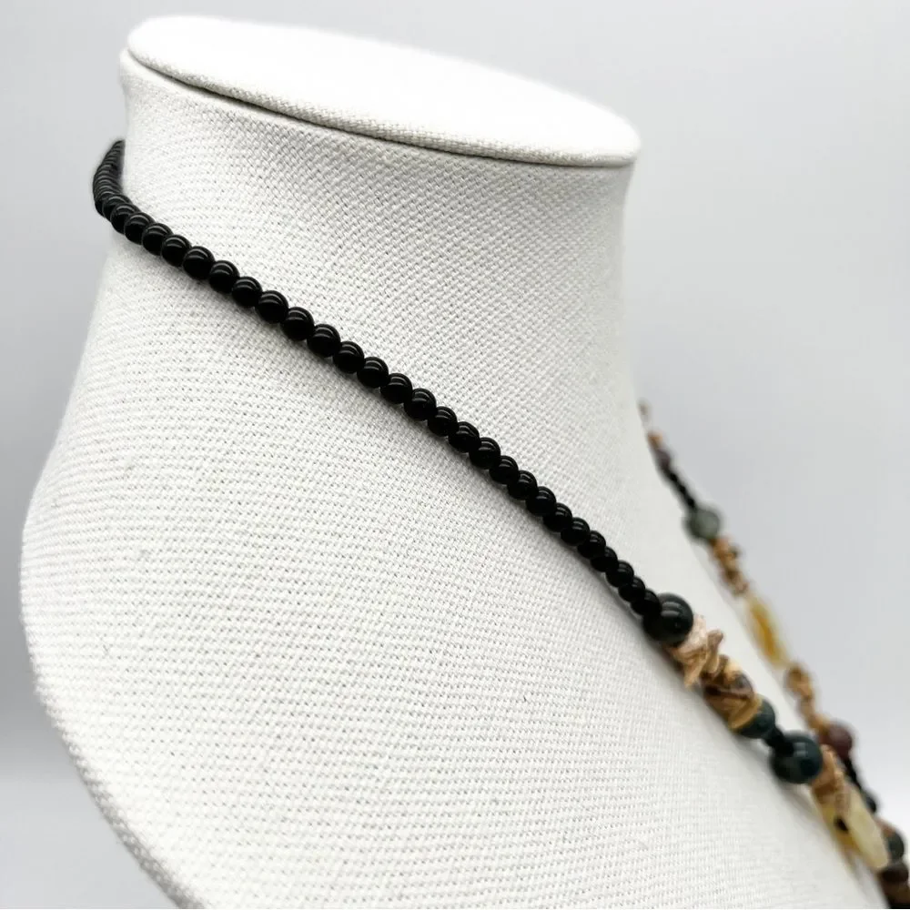 Natural Stone Round Bead Oval Pendant Chip Tassel Boho Fashion Necklace 34”